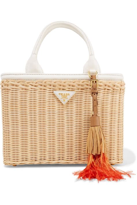 prada midollino large leather trimmed canvas and wicker tote|Totes bags Prada .